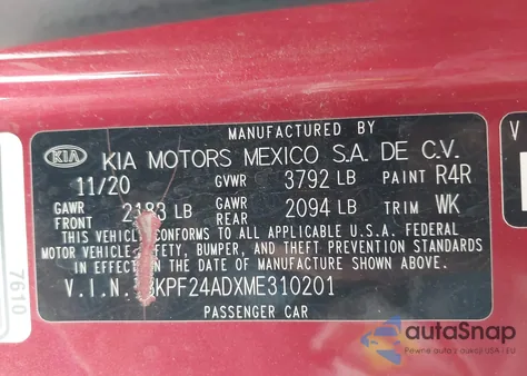 2021 Kia Forte Lxs из США, поврежденный, VIN 3KPF24ADXME310201